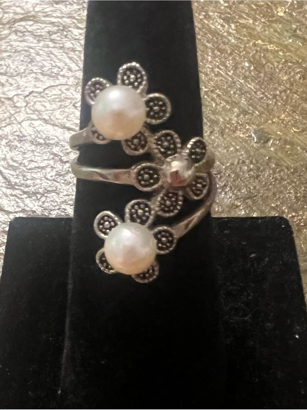 Vantel Pearls Sterling Silver Floral Wrap Ring with White Pearls